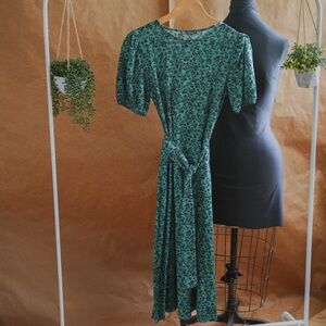 🌿 ZARA Teal Floral Midi Dress – Size S